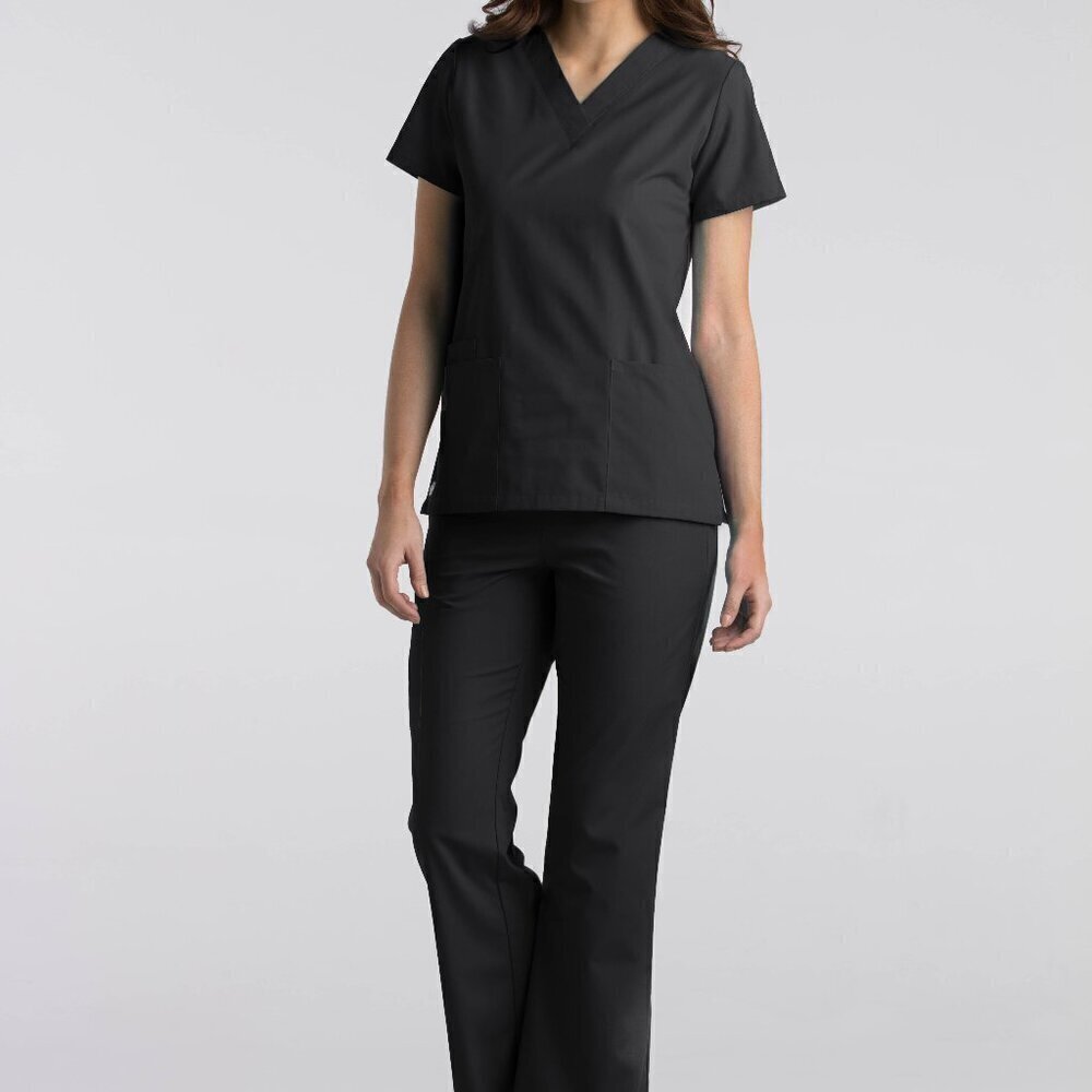 Essentials Scrubs Women Mock Wrap Black Scrub Top and Pants Set Medium